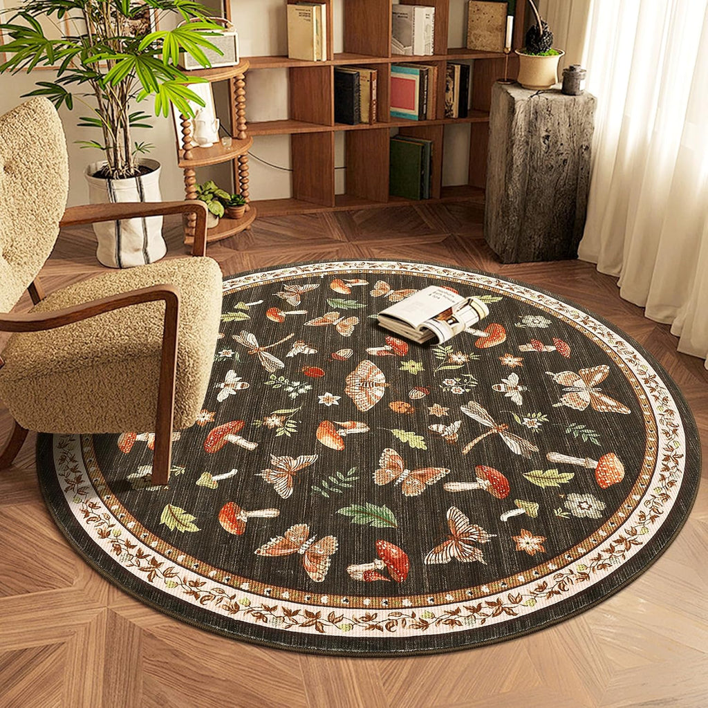 Mushroom Insect 5ft Round Rug Washable Non-Slip Soft Ultra-Thin Small Boho Circle Carpet for Entrywa