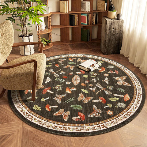 Mushroom Insect 5ft Round Rug Washable Non-Slip Soft Ultra-Thin Small Boho Circle Carpet for Entrywa
