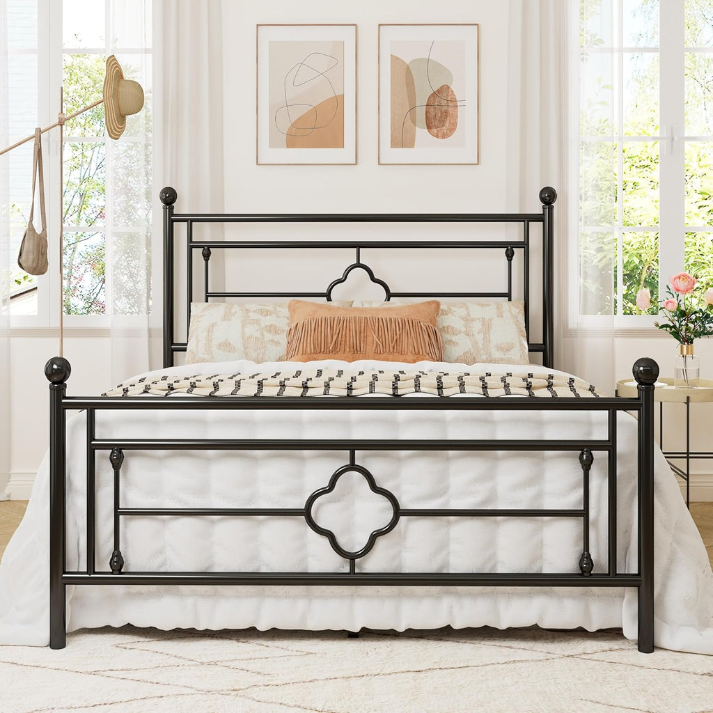 Queen Metal Platform Bed Frame with Victorian Vintage Headboard and Footboard/Mattress Foundation/Under Bed Storage/No