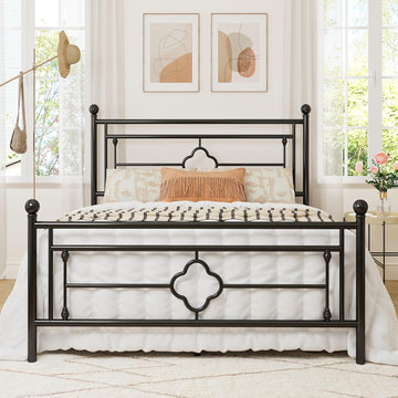 Queen Metal Platform Bed Frame with Victorian Vintage Headboard and Footboard/Mattress Foundation/Under Bed Storage/No