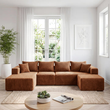 138" Modular Sectional Boneless Sofa with Chaise and Ottoman Oversized U-Shaped Corduroy Cloud Couch Deep Seat