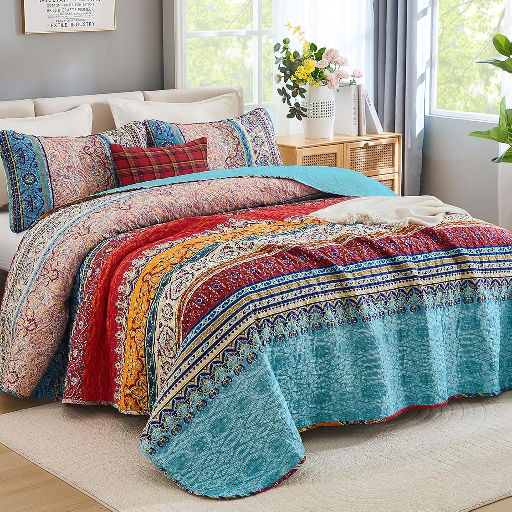 Bohemian Quilt Set, Boho Striped Pattern Quilts Bedspread Set for All Season, Soft Microfiber Bedding Coverlet