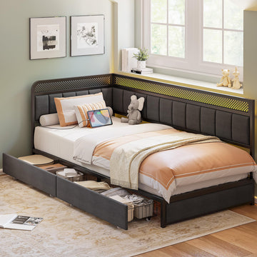 Twin XL Corner Bed Frame, Modern Daybed with Upholstered Guardrail