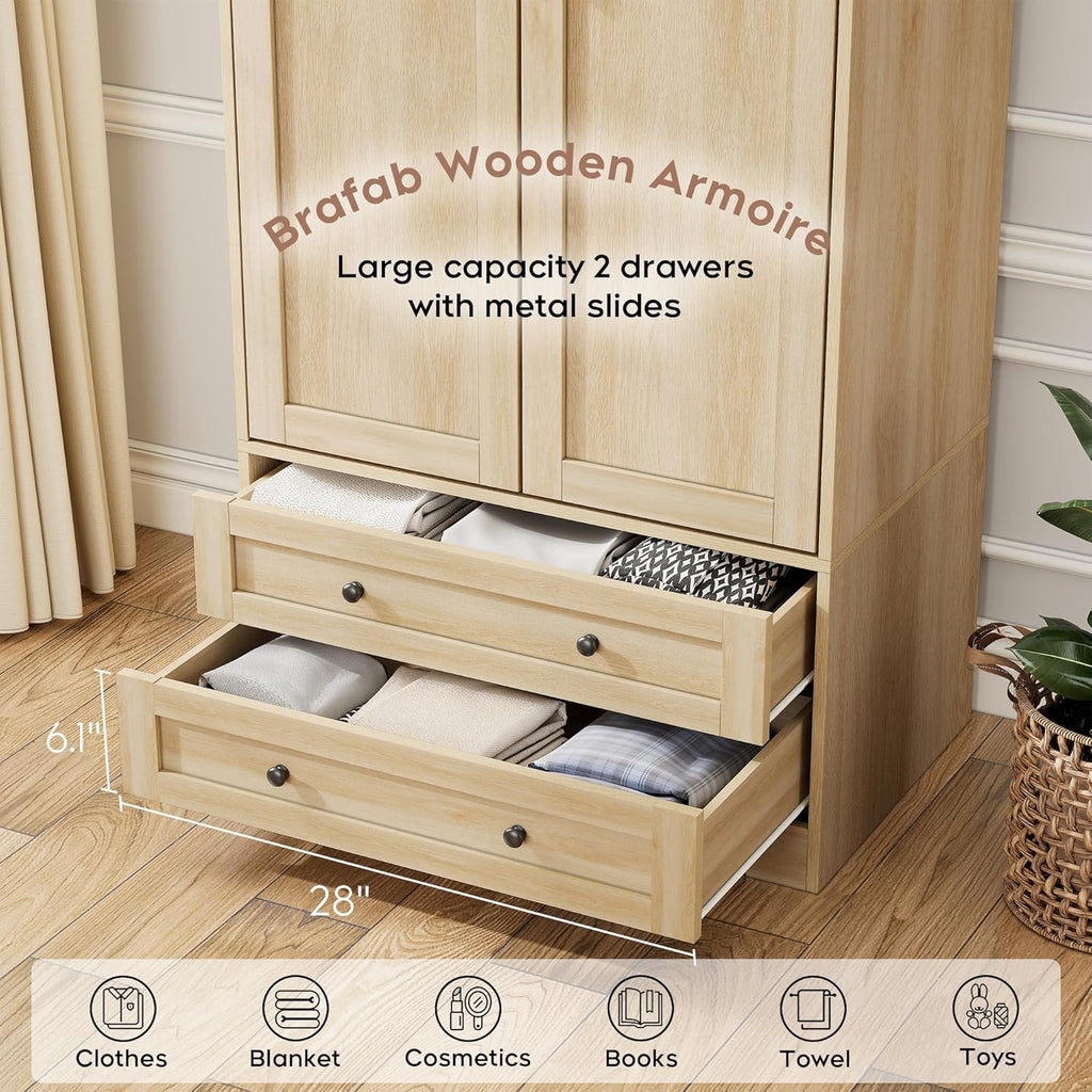 Wooden Armoire Wardrobe Closet with Drawers, Natural, Set of 2 | 4 Modern Doors, Freestanding, with 4 Drawers and