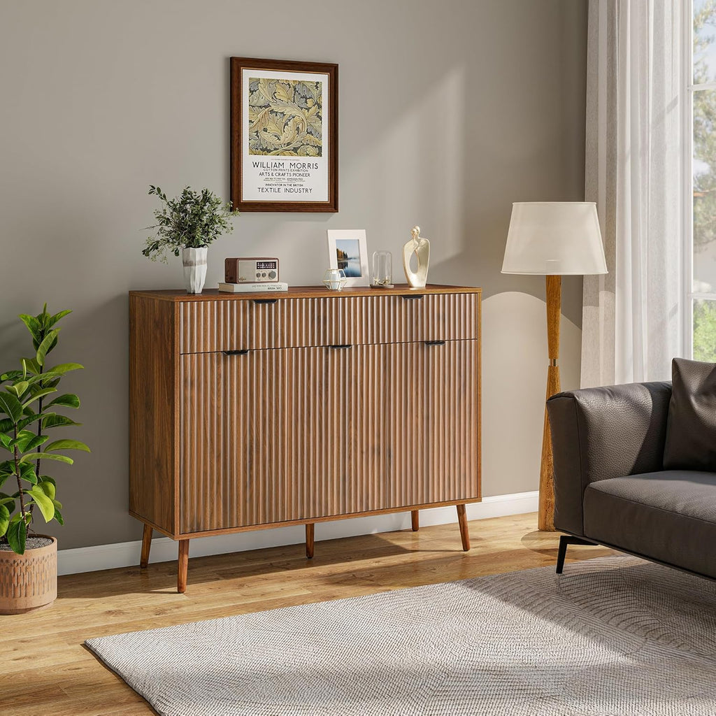 Fluted Sideboard Buffet Cabinet with Storage,2 Drawers and 3 Doors,Wood Coffee Bar Cabinet with Solid Wood Feet