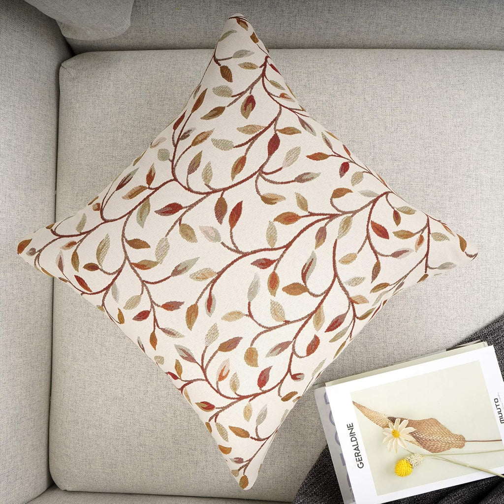 Classical Embroidery Jacquard Beige Leaf Pattern Square Decorative Throw Pillow Case Cushion Cover 18 x 18 inch