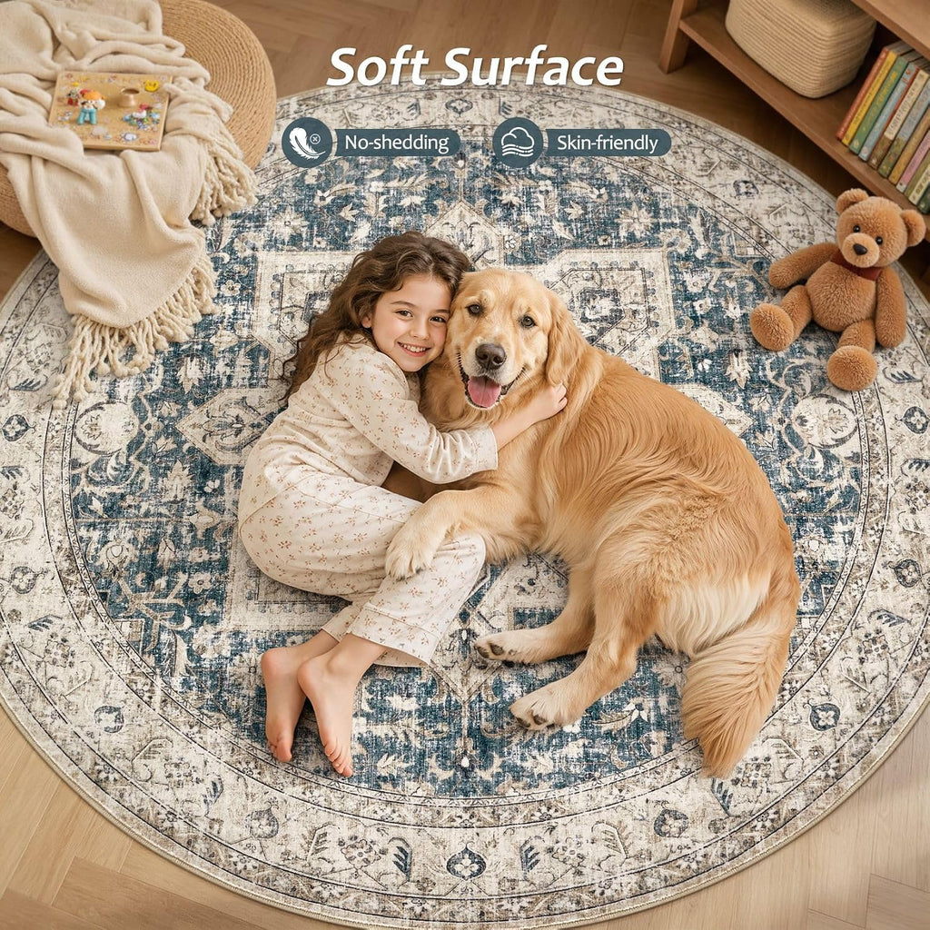 Area Rug 8ft Round Living Room Rug Washable Soft Cream/Blue