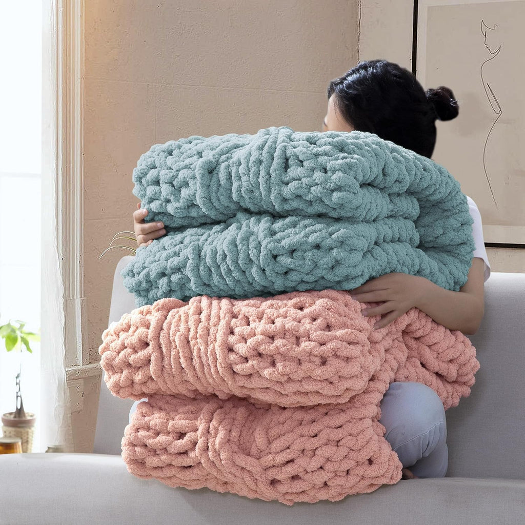Chunky Knit Blanket Throw - 100% Hand Knitted Chunky Soft Throw Blanket, Thick and Warm Blanket for Winter, Pink