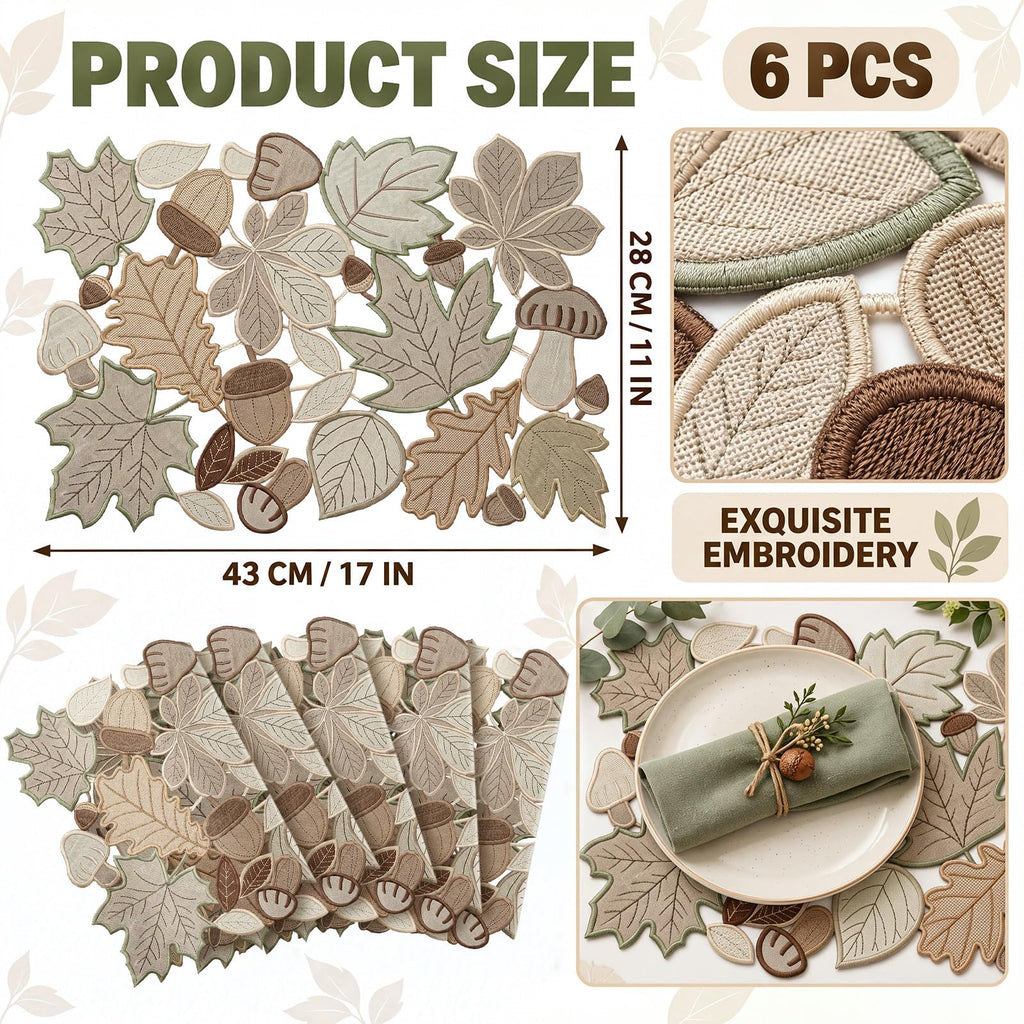 Fall Placemats Set of 6, Embroidered Maple Leaf Table Mats, 11 x 17 Inch