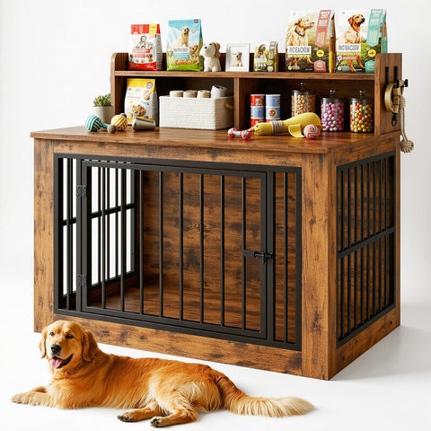 Extra Large Dog Crate Furniture, 43.3 inches Wooden Dog Crate with Storage and 4 Hooks
