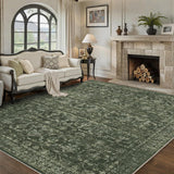 8x10 Washable Vintage Green Area Rug, Floral Low Pile Non-Slip Carpet for Living Room Bedroom