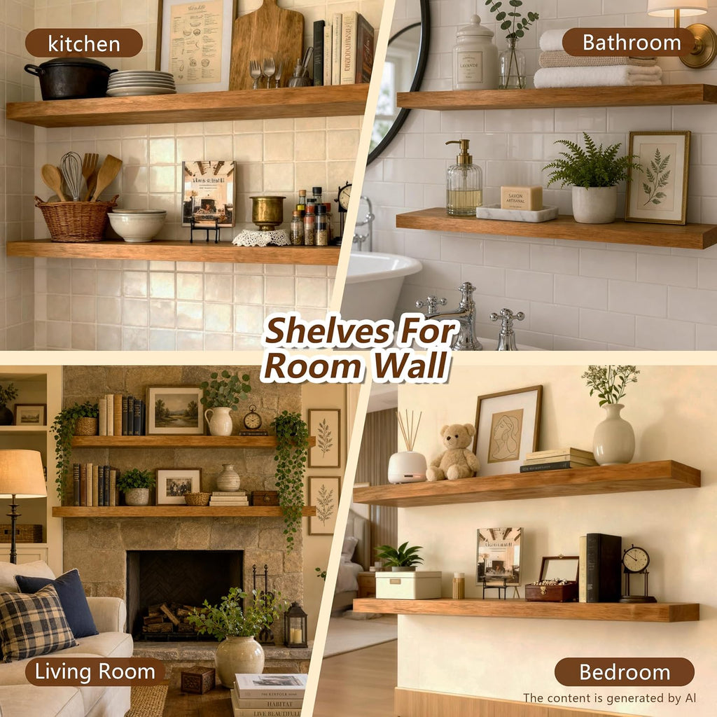 36 Inches Long Walnut Floating Shelves | Rustic Solid Wood Farmhouse Wall Shelves with Invisible Brackets Set of 2