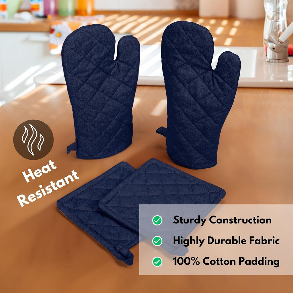 4 Piece Set - 2 Oven Mitts & 2 Potholders, Heat Resistant, 100% Cotton, Quilted Design, Non-Slip Grip, Machine