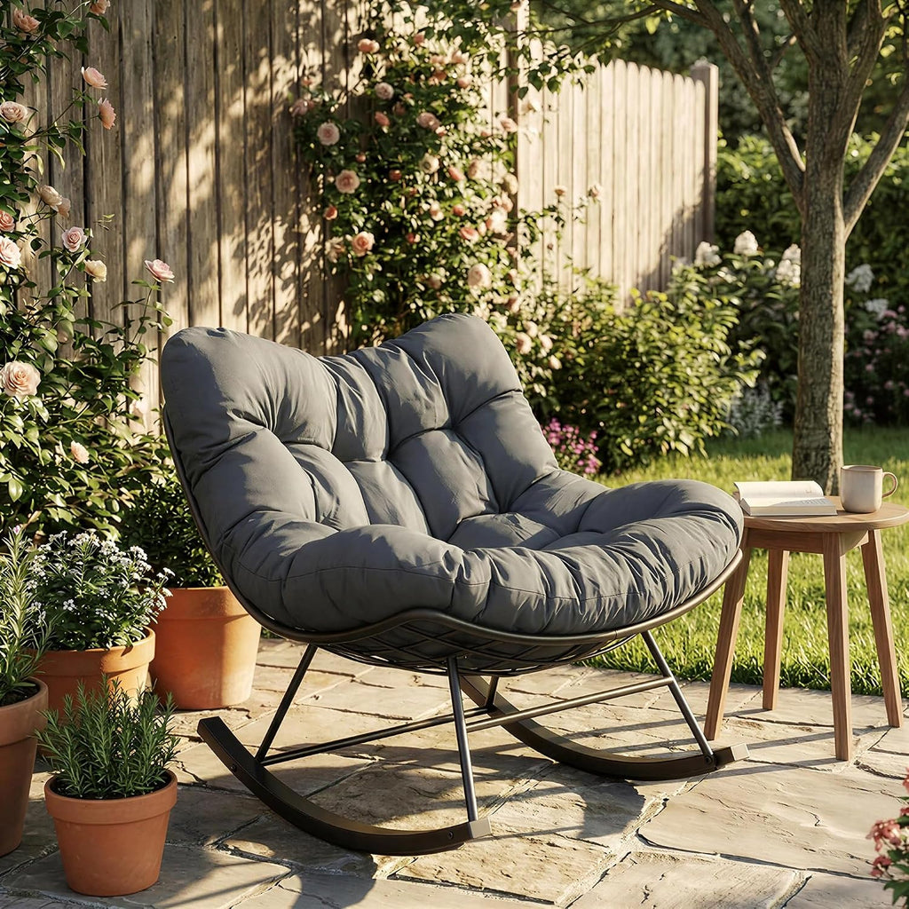 Oversized Rocking Papasan Chair with Ottoman and Cushion | Indoor Glider Chair with Thickened Cushion, Large Comfy