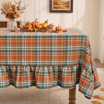Thanksgiving Plaid Ruffled Tablecloth Rectangle 60x120 Inch Rust