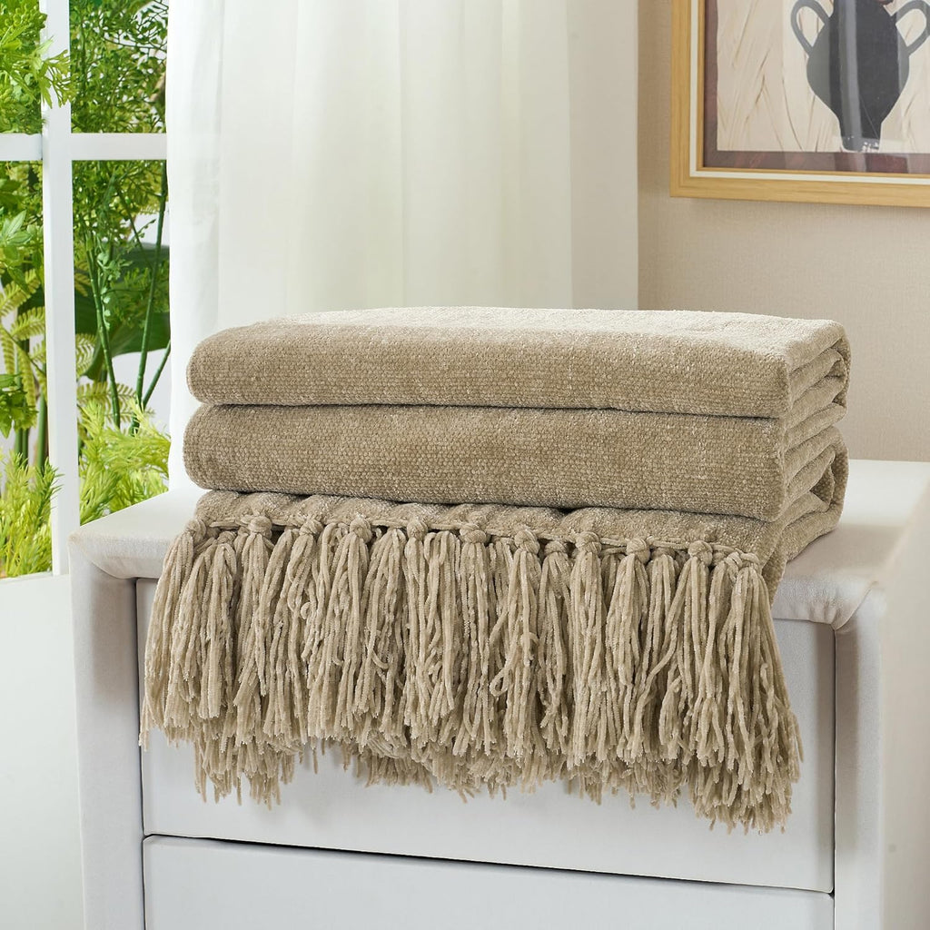 Chenille Throw Blanket,50"X60" Soft Cozy Lightweight Knitted Boho Decorative Blankets,Taupe