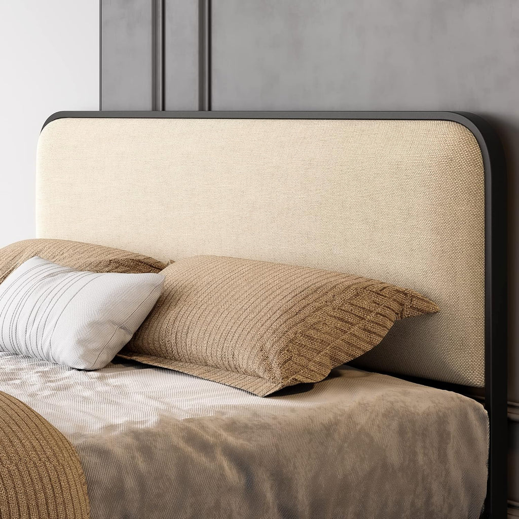 Queen Platform Metal Bed Frame with Curved Upholstered Headboard and Footboard, Large Under Bed Storage