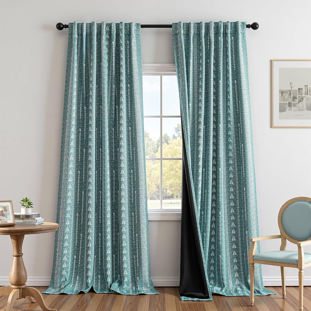 Sage Green Blackout Curtains - Boho Farmhouse Printed 95% Room Darkening Aqua Thermal Insulated Drapes