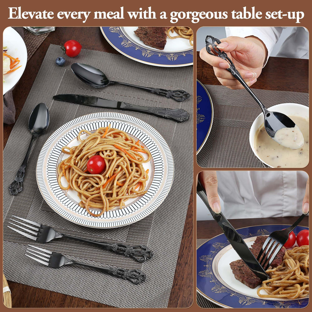 Black Silverware Set, 30 Pieces Retro Royal Silverware Set for 6, Gothic Decor Stainless Steel Flatware Set Including