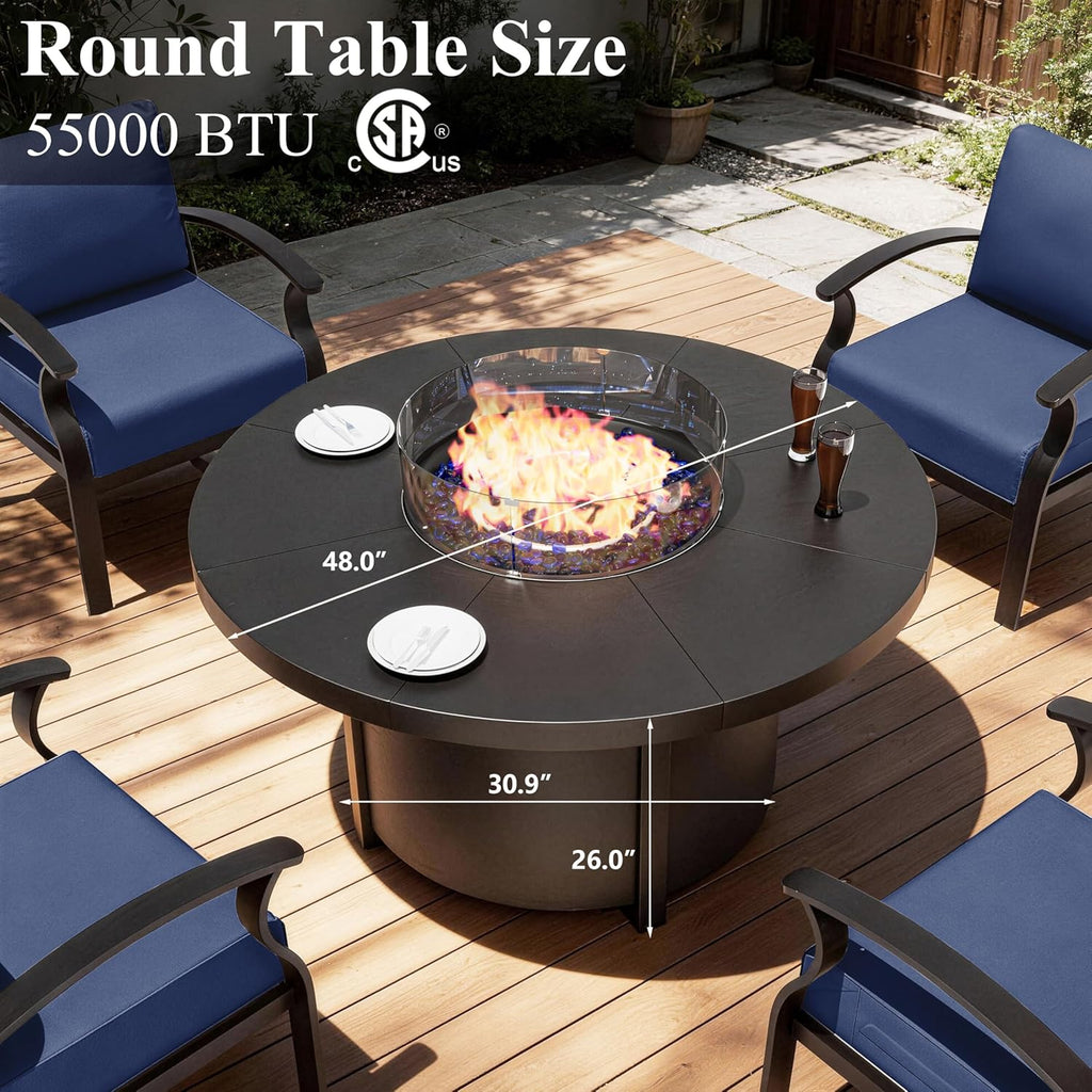 48 Inch Round Propane Fire Pit Table, 55000 BTU Auto-Ignition Gas Fire Pit with Steel Tabletop, Adjustable Flame