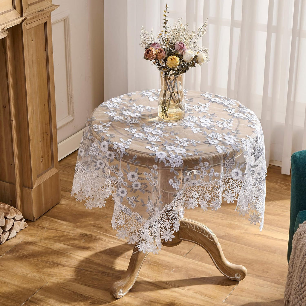 Floral Lace Tablecloth Grey with White Silver Embroidered Flowers 33”x33” Square Small Table Cover (