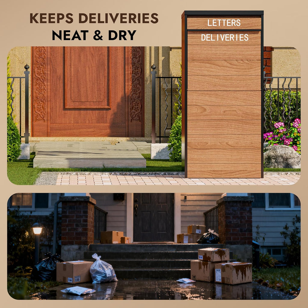 Package Delivery Box 41.7’’ Large Anti-Theft & Waterproof Outdoor Parcel Drop Box with Woodgrain Finish