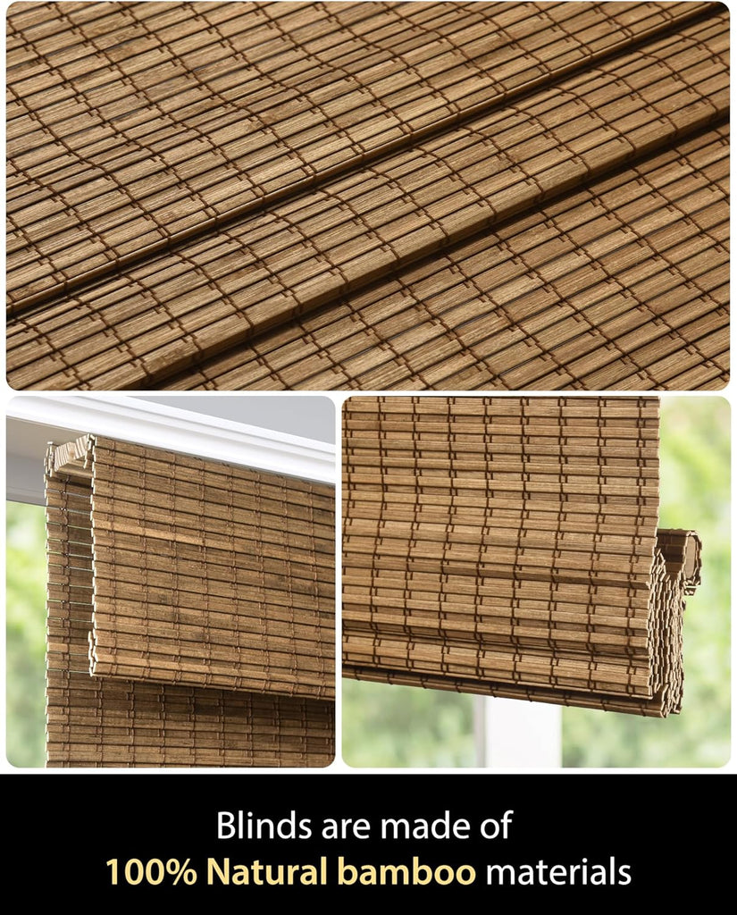 Cordless Bamboo Roman Shades, in, Highfield Teak| Wide Bamboo Strip Weaving Technique, High light-blocking