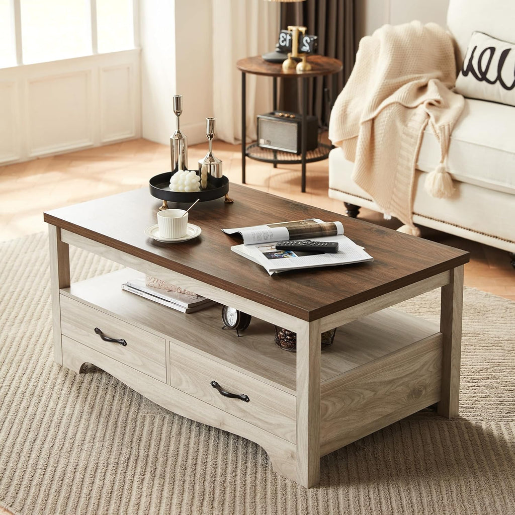 Farmhouse Coffee Table with Storage, Wood Coffee Table, Open Display Area and Storage Drawers with Metal Handles