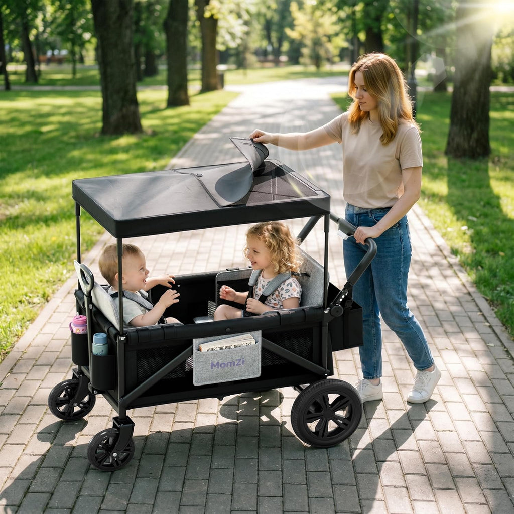 Wagon Stroller for 2 Kids, Collapsible Wagon Stroller with Removable Canopy, Foldable Stroller Wagon with 2 Seater