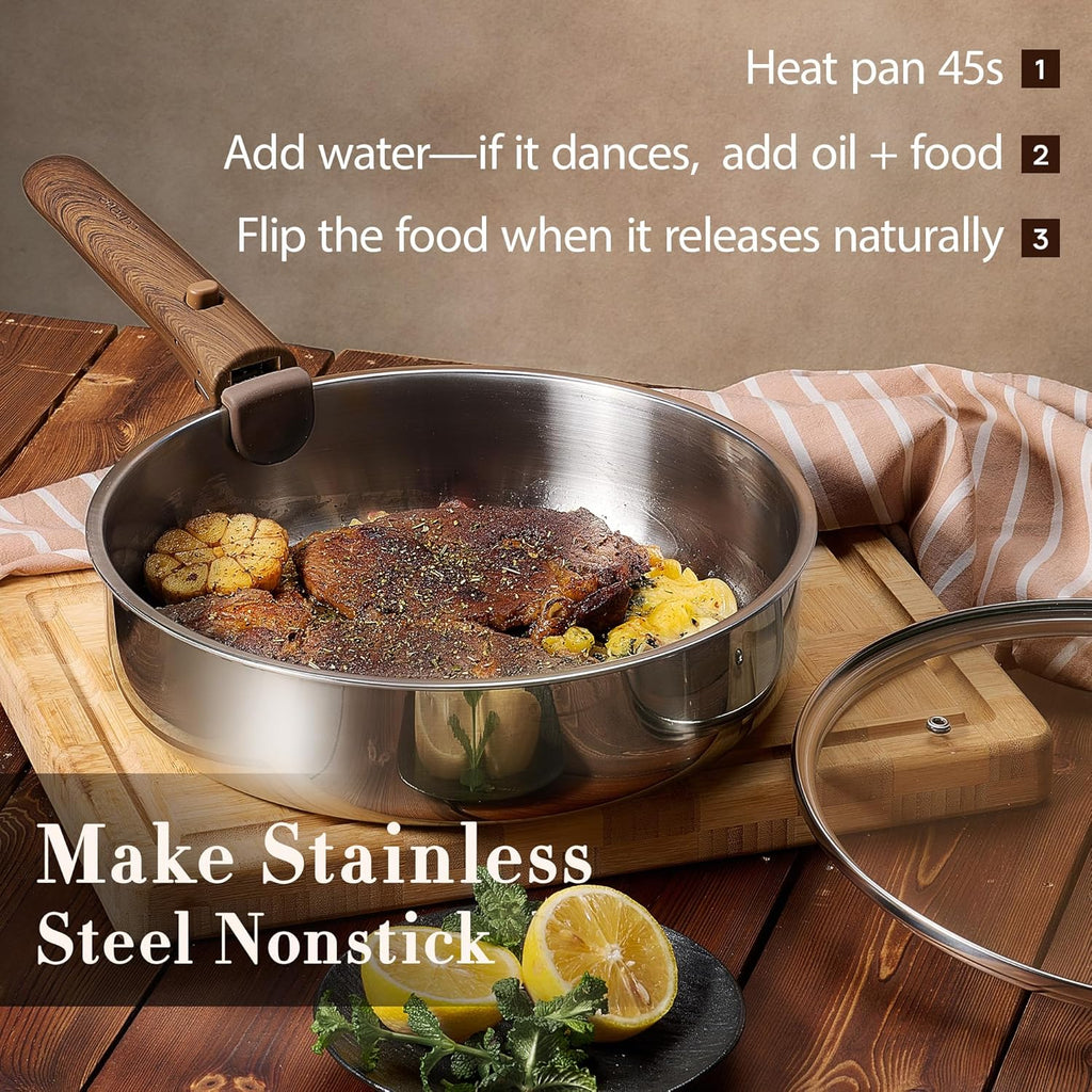 19pcs Tri-Ply Stainless Steel Cookware Set with Detachable Handle | Pots and Pans Set, Even Heating, Non-Toxic