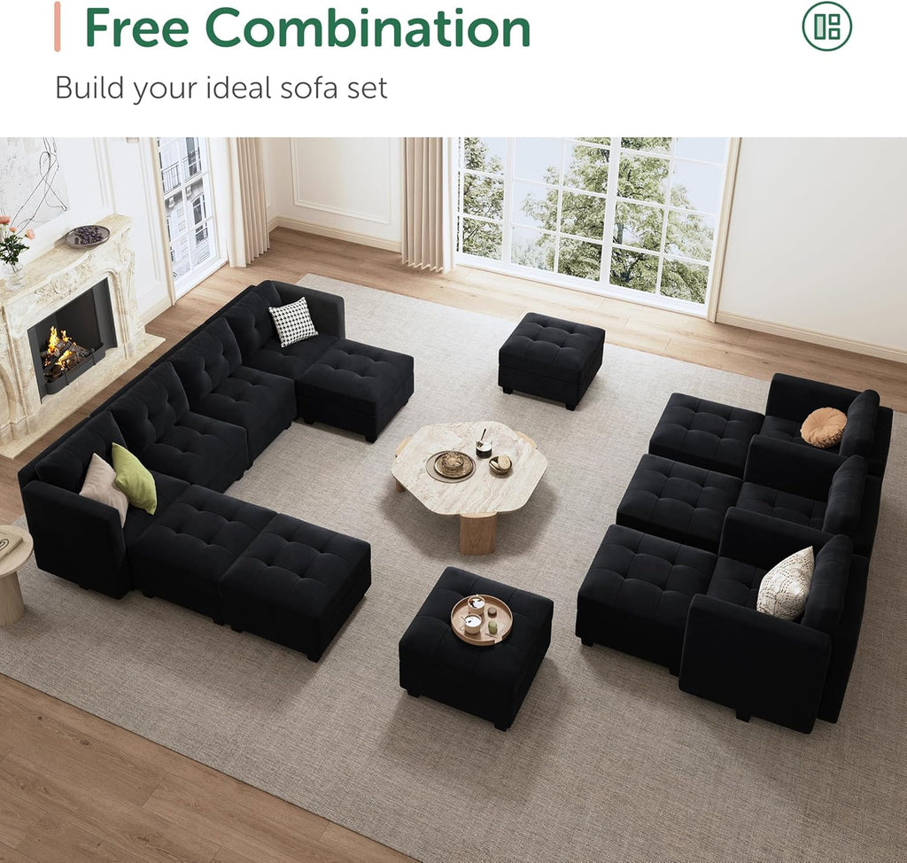 Sectional Couch with Storage, Modular Sectional Sofa, Velvet Couches for Living Room, Black