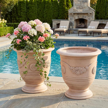 Rewol Round Concrete Planter Set of 2, 2 Pack Garden Flower Pot with Drainage Hole, Floral Relif Patio Urn Planter