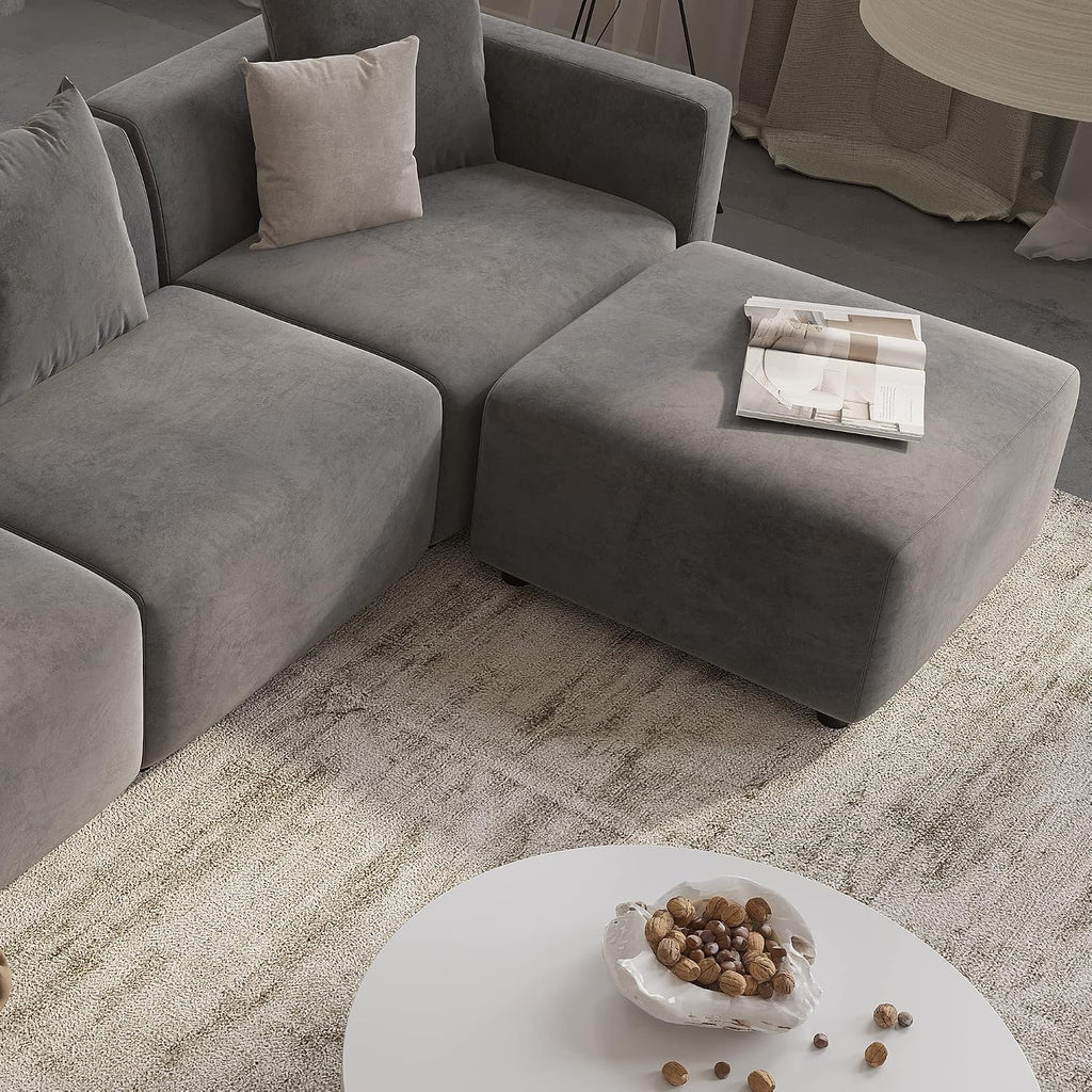L-Shaped Modular Sectional Sofa with Ottoman, Suedette Dark Grey | Reversible Couch, Larch Wood Frame, Low-Back Design