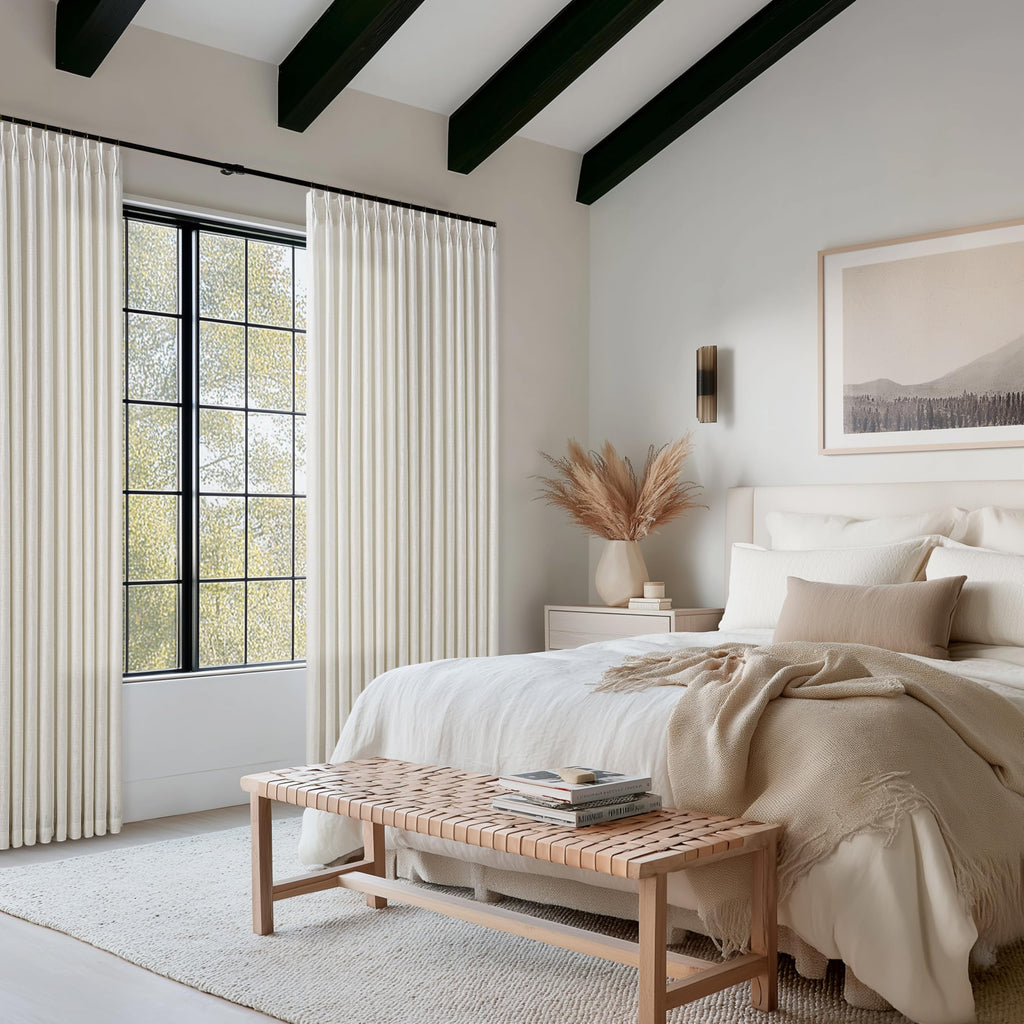 Pleated Linen Cream Light Filter Sheer Boho Curtains 112 Inches Length 50W