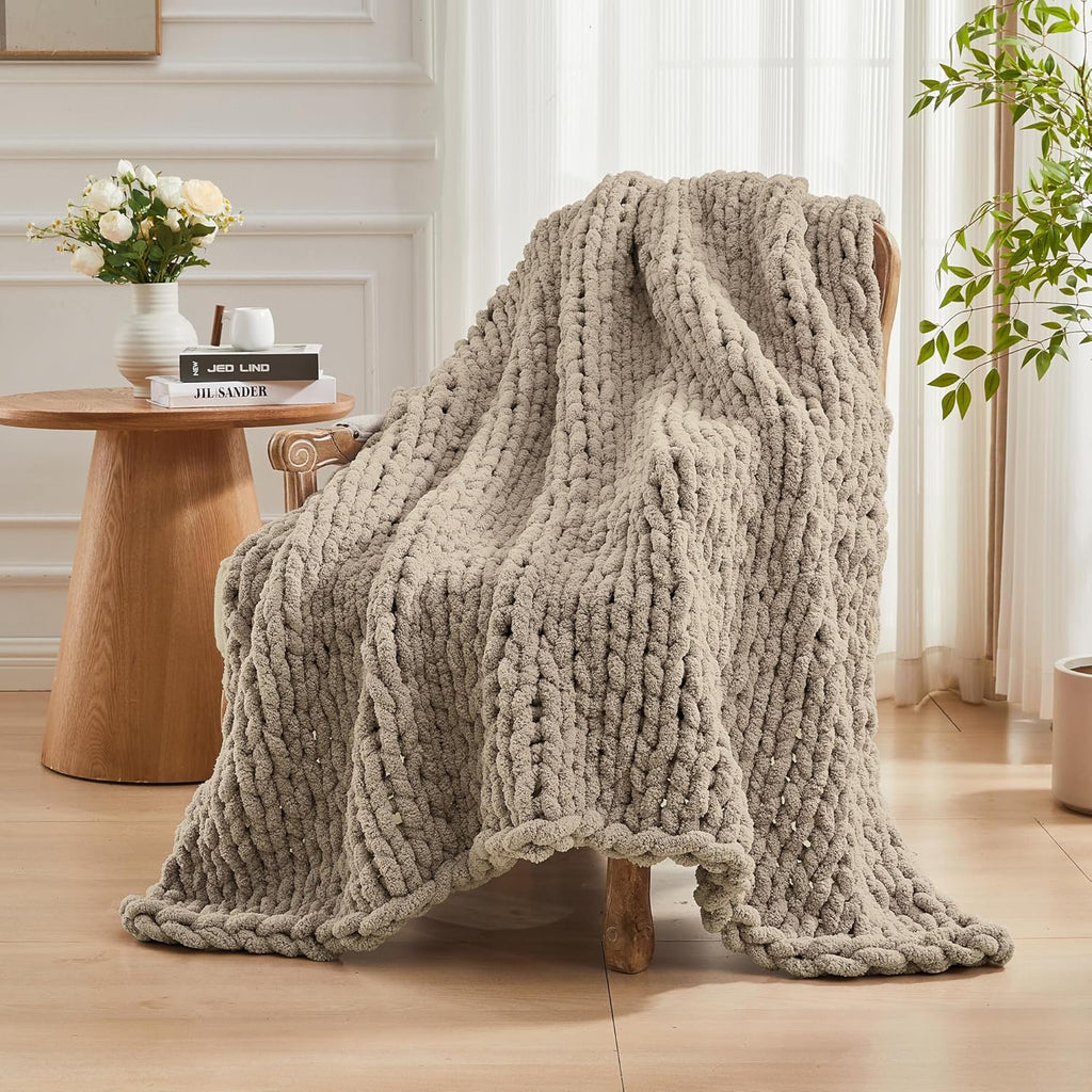 Chunky Knit Throw Blanket 50" X 60", 100% Hand Made Large Chenille Loop Yarn Soft Fluffy Throws, Big Crochet Cozy