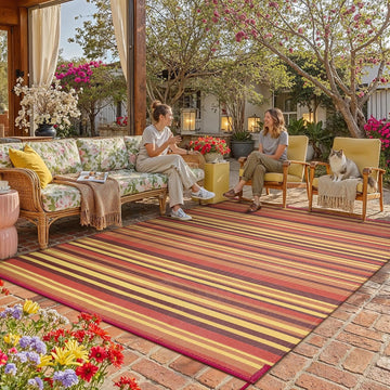 Outdoor Plastic Straw Rug Waterproof Patio 9x12 Red Orange Stripe Mat for Porch Camping RV Balcony D