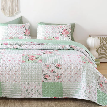 Floral Quilt Set Queen - Ultra Soft Lightweight Bedspread, 3 Piece Green Bedding Set (90"x90") with Pillowcases