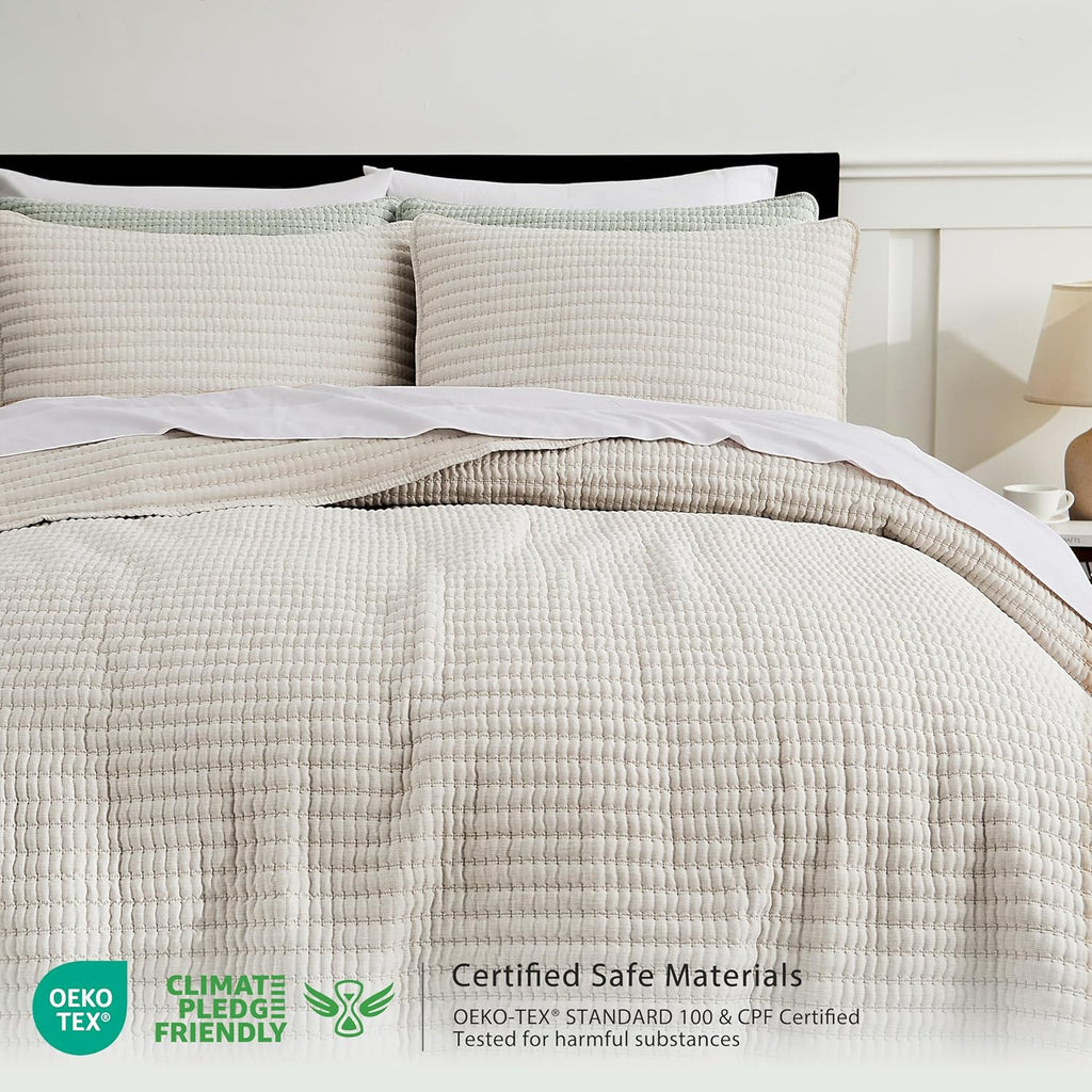 Beige Pick Stitch King Quilt Set, Striped Lightweight Soft Summer Spring Bedspread, Bamboo Linen Like Textured
