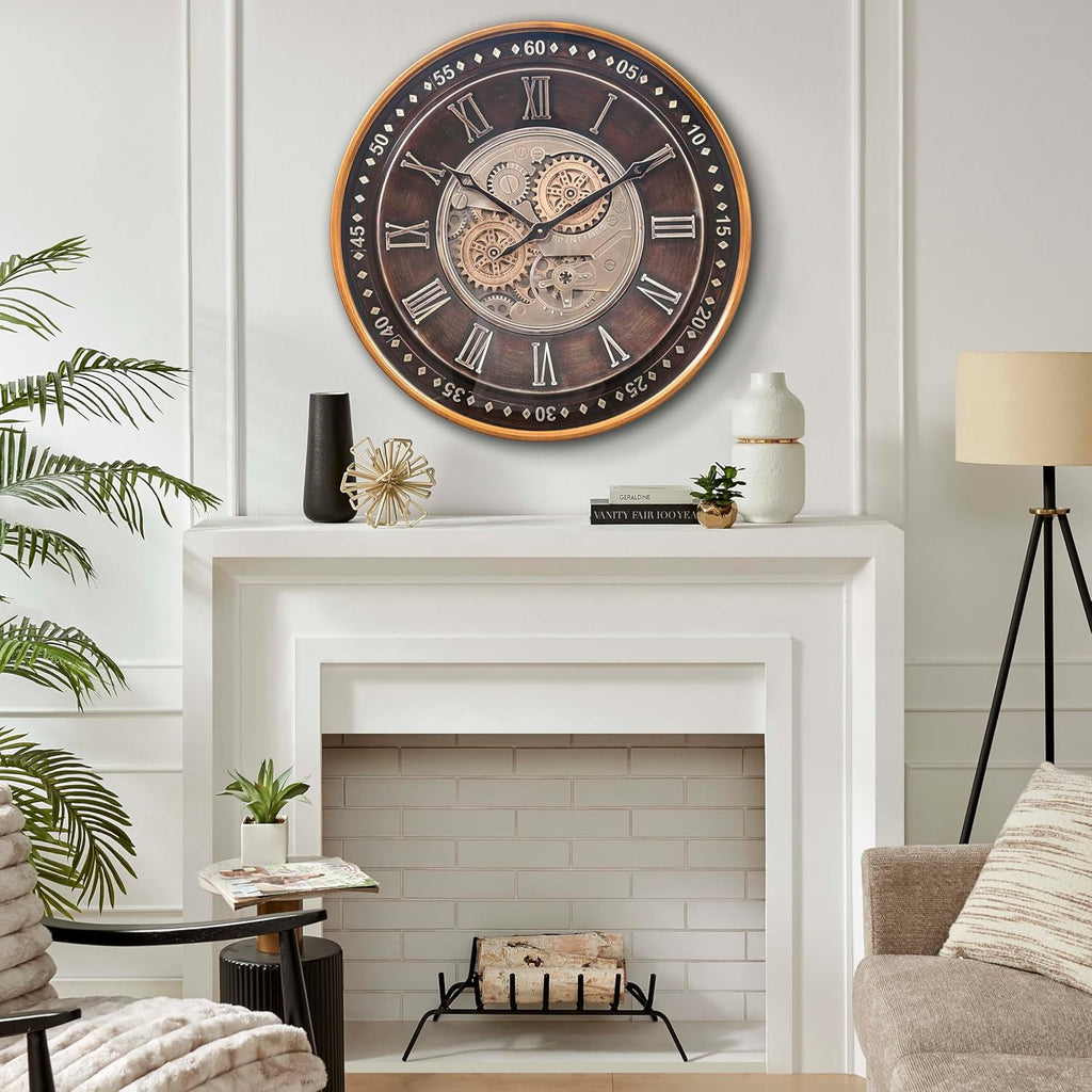 24 Inch Wall Clock with Moving Gears,Oversized Large Industrial Steampunk Clock