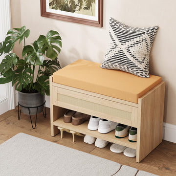31" L Farmhouse Shoe Bench with Storage Drawer & Linen Cushion - Wooden Entryway Bench with Open Shelf