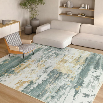 Washable Area Rug for Living Room, Non Slip Modern Abstract Green Rugs, Easy Clearning Low Pile Large Carpet for Bedroom, Dining Room, Nursery, Office