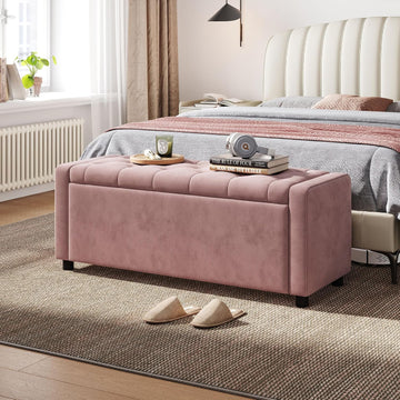 49" Velvet Ottoman with Storage, Upholstered End of Bed Storage Bench, Large Ottoman Foot Rest , Pink