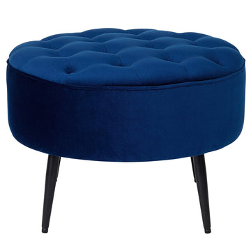 Tufted Round Ottoman - Mid-Century Modern Upholstered Velvet Foot Rest with Steel Legs - Soft Padded and Decorative