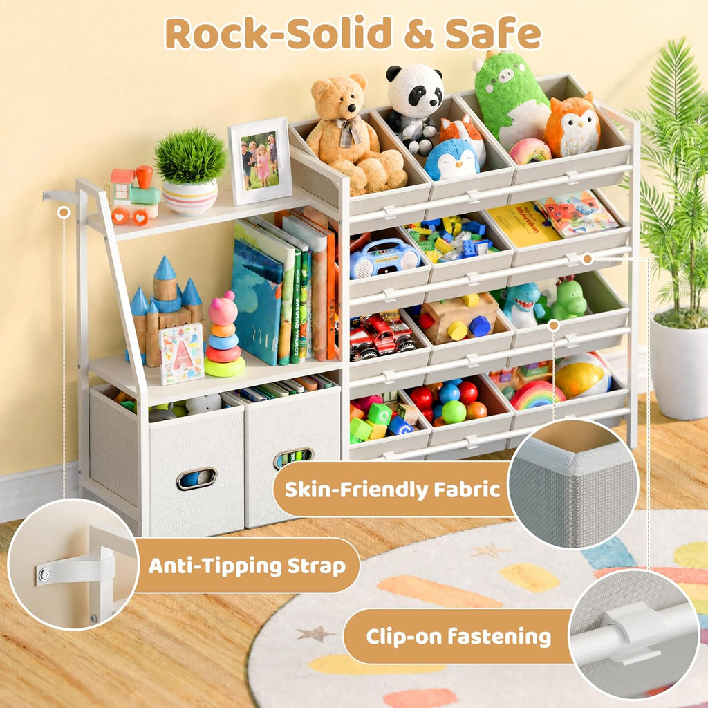 Kids Toy Storage Organizer - Toy Shelf , Kids Room | 12 Removable Fabric Bins, 2 Boxes & 2-Tier Bookshelves