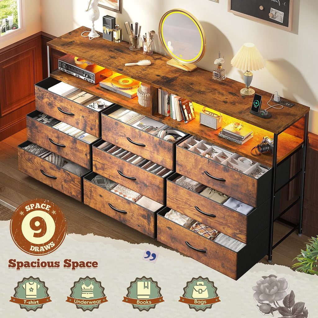 55" W Dresser with 9 Drawers LED TV Stand with Power Outlets for 45, 55, 65 Inch TV Sturdy Long Chest of Drawers with