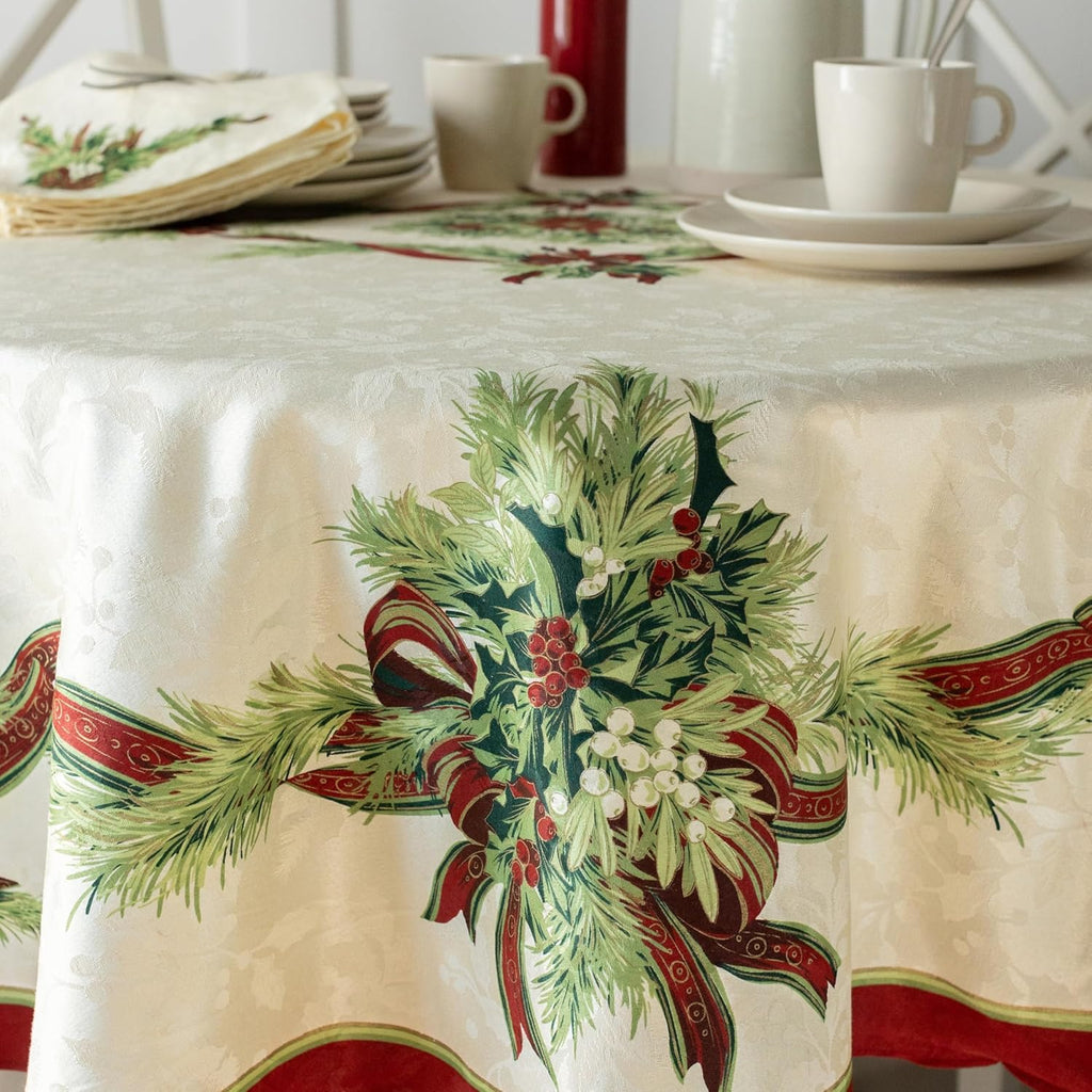 Christmas Ribbons Engineered Printed Fabric Table Cloth, Winter, Holiday and Christmas Tablecloth (7