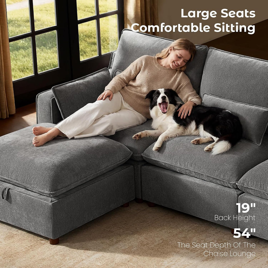 Modern Modular Sectional Sofa,103" L Shape Minimalist Couch with Storage Ottoman,Comfty 4 Seat Sofa ,Grey Chenille