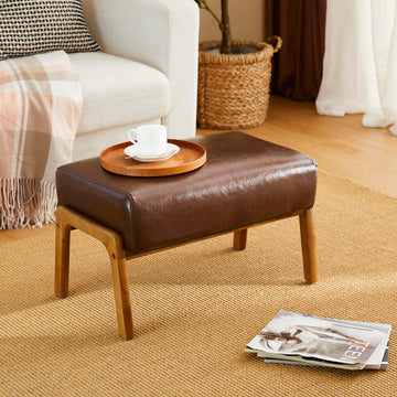 Rectangle Ottoman Bench, Modern Coffee Leatherette Footstool with Walnut Rubberwood Legs