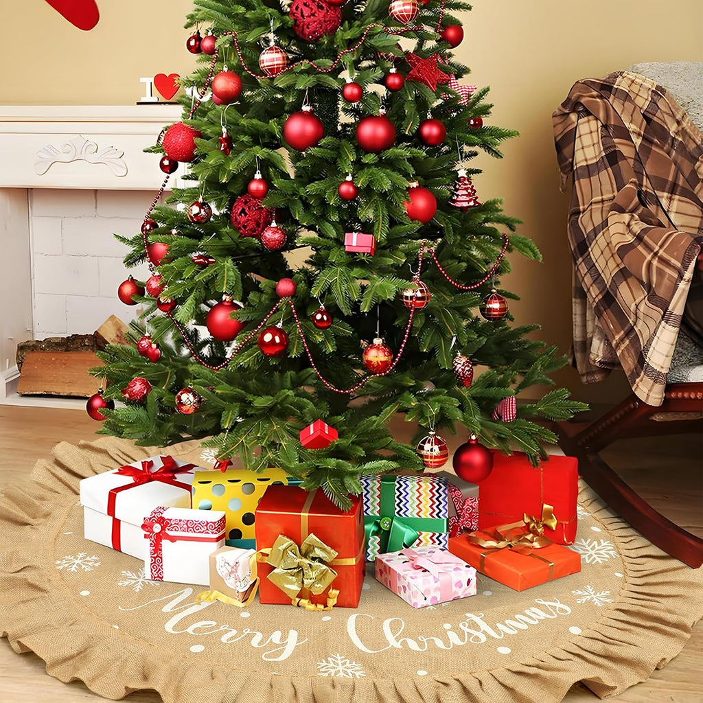 48 Inch Burlap Christmas Tree Skirt Merry Christmas Rustic Tree Skirt with Ruffle Border Xmas White Snowflake Linen