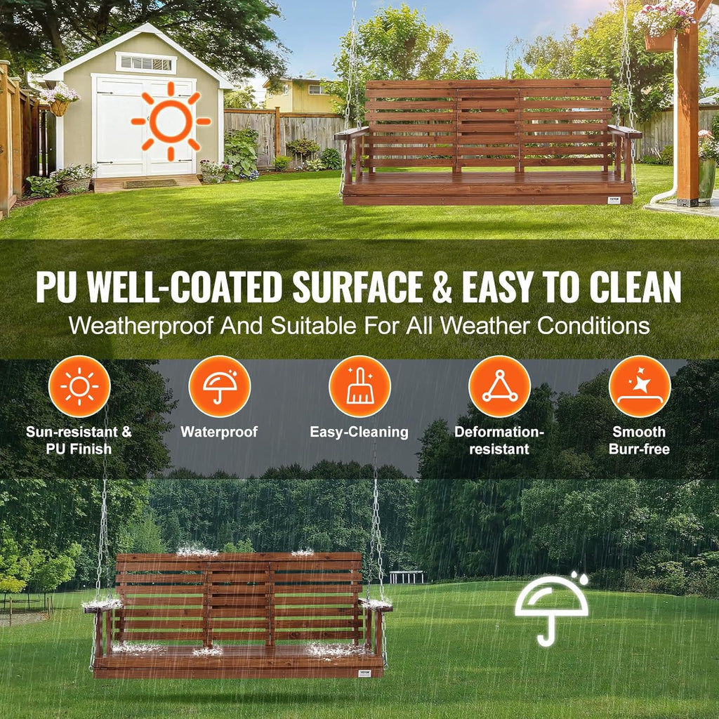 Wooden Porch Swing 5 ft, Patio Bench Swing for Courtyard & Garden, Upgraded 880 lbs Strong Load Capacity, Heavy Duty